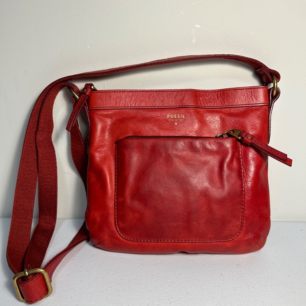 Red Leather Fossil Crossbody Bag Purse